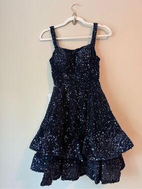Wear Your Love Navy Sequin Velvet Tiered Ruffle Lace-Up Mini Dress Sz XS NWT